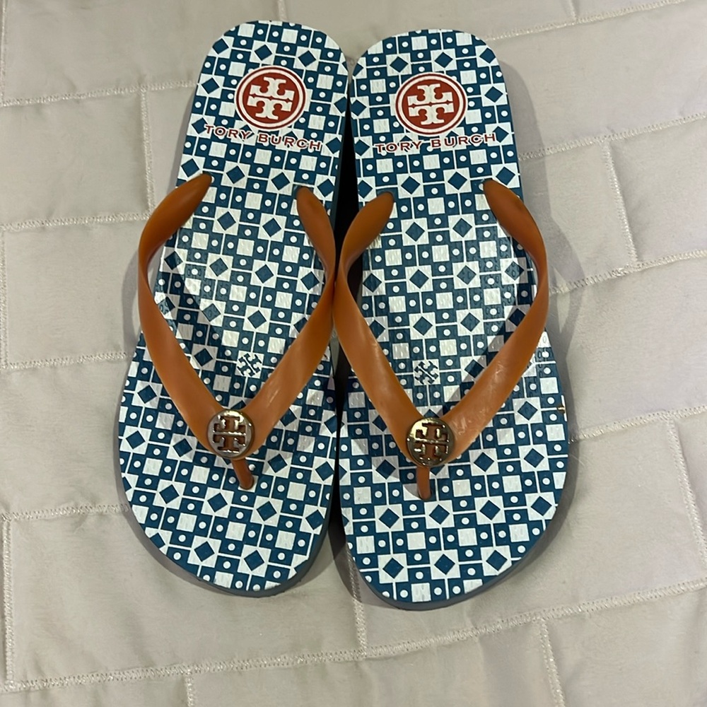 Tory Burch size 9 thin strap wedge flip flops. Used but in good condition